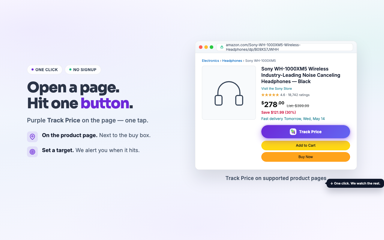 PriceDropCatch adds a purple Track Price button on supported The RealReal product pages